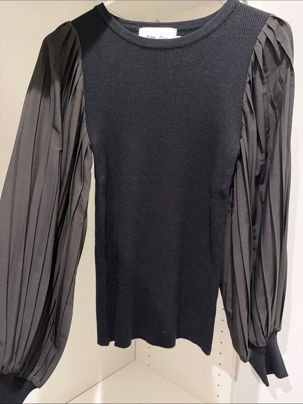 Pleated Sleeve Black Women's Top